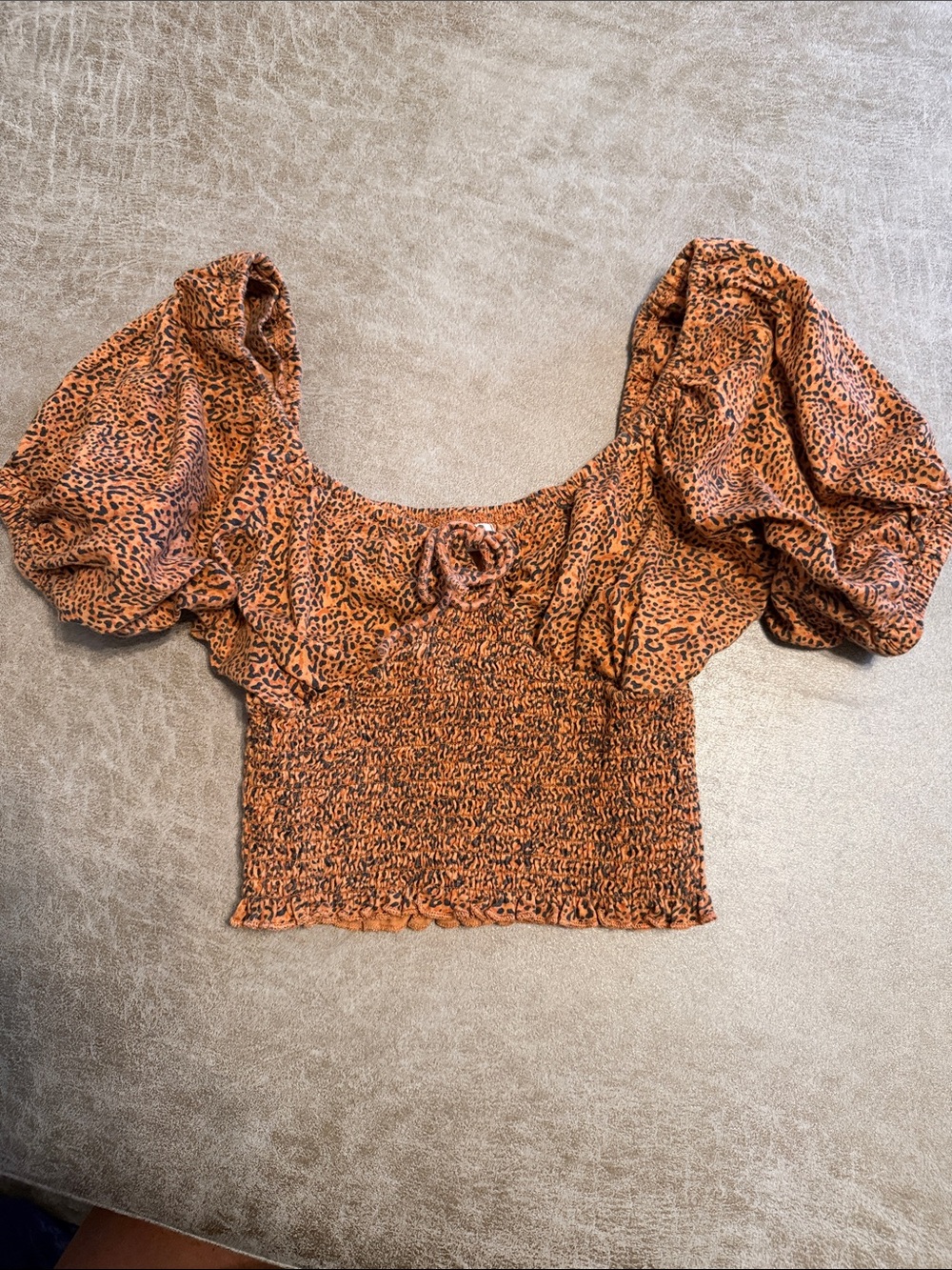 Billabong Rust Leopard-Print Smocked Puff Sleeve Crop Top